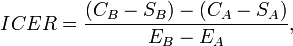 ICER = \frac{(C_B-S_B) - (C_A-S_A)}{E_B-E_A},